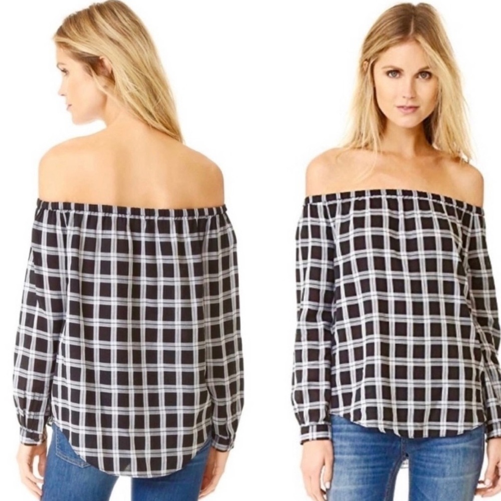 Rag & Bone Greta Off The Shoulder Black White Plaid Top SZ L Reg . $225